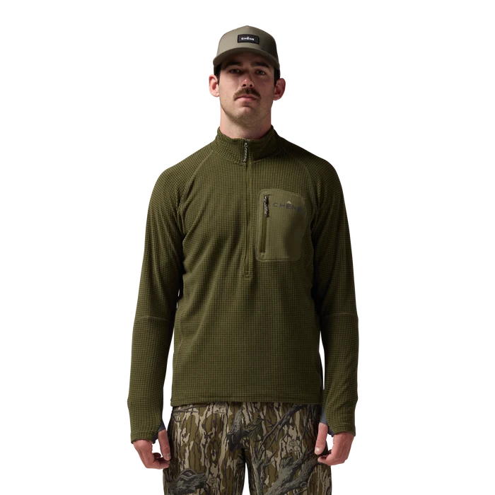 Sixty Series Check Fleece Half Zip in Olive, on model #olive