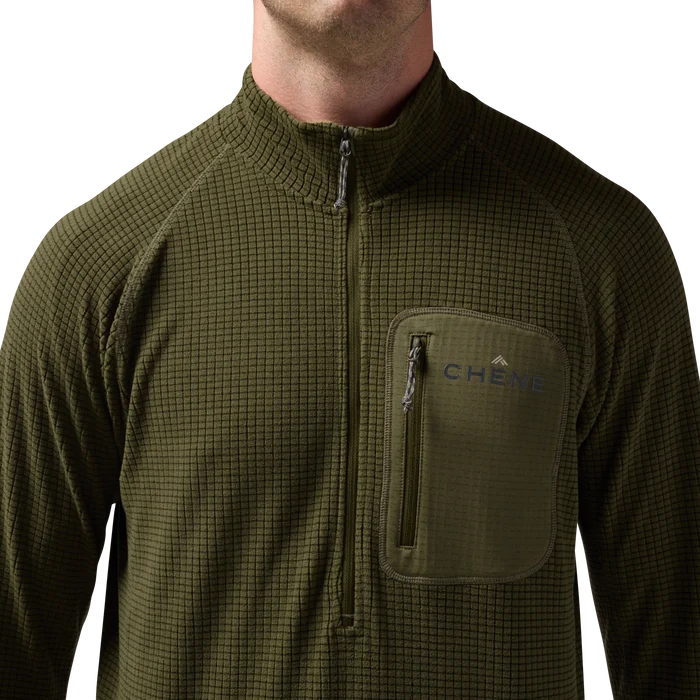 Sixty Series Check Fleece Half Zip in Olive, on model #olive