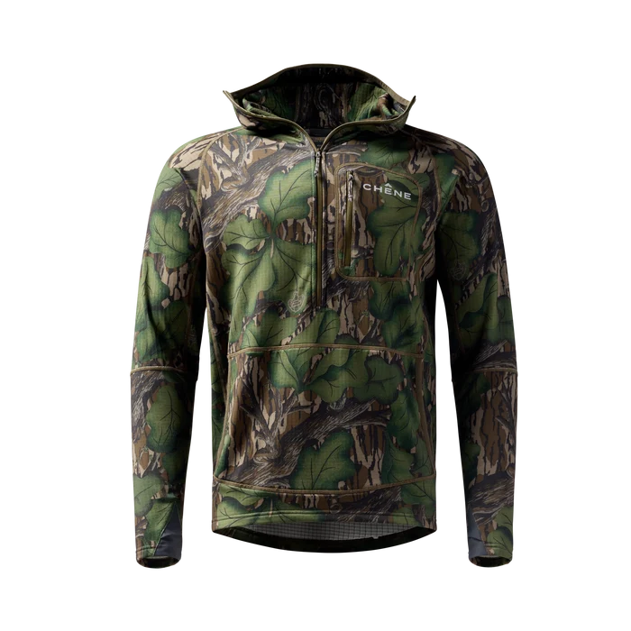 Sixty Series Technical Fleece Half Zip with Hood in Mossy Oak Full Foliage, front view #mossy_oak_full_foliage