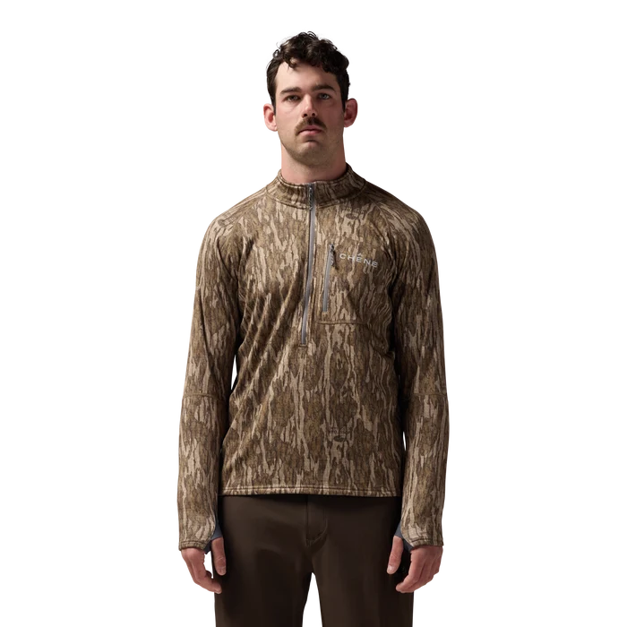 Sixty Series Technical Fleece Half Zip in Mossy Oak Bottomland, on model #mossy_oak_bottomland