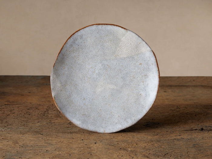 Skye Salad Plate, irregular organic shape, white/gray reactive glazed stoneware with dark brown trim, standing upright on rustic wood.