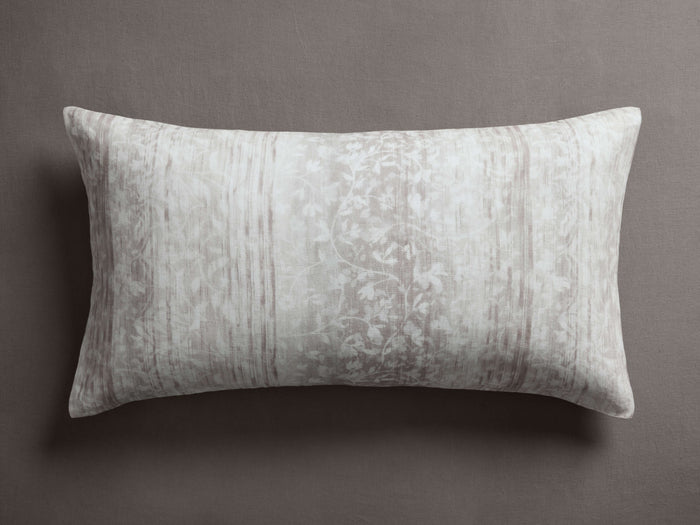 Solange Linen Sham: Rectangular linen sham with light beige vertical stripes & white floral digital print on a dark background.