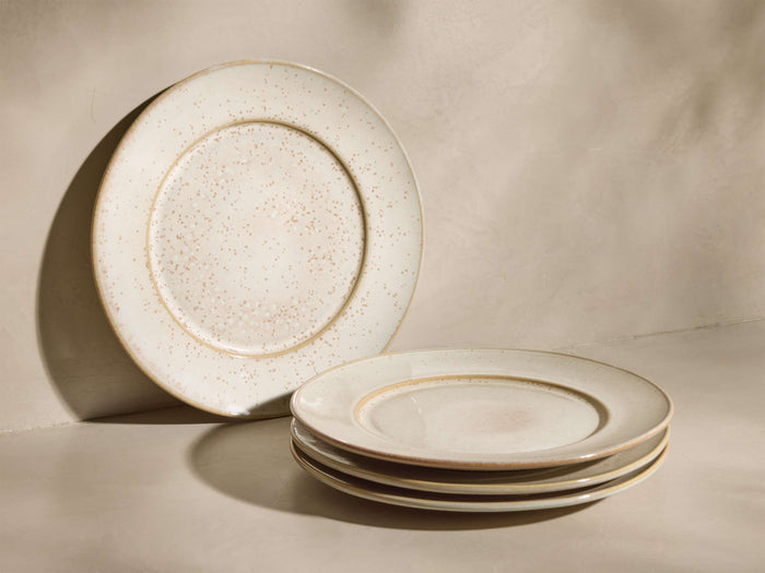 Arrangement of four cream round dinner plates with brown speckles. One stands upright, three are stacked horizontally.