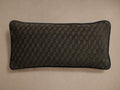 Soren Lumbar Pillow. Rectangular, dark green/brown textured checkerboard pattern with dark blue corded piping.