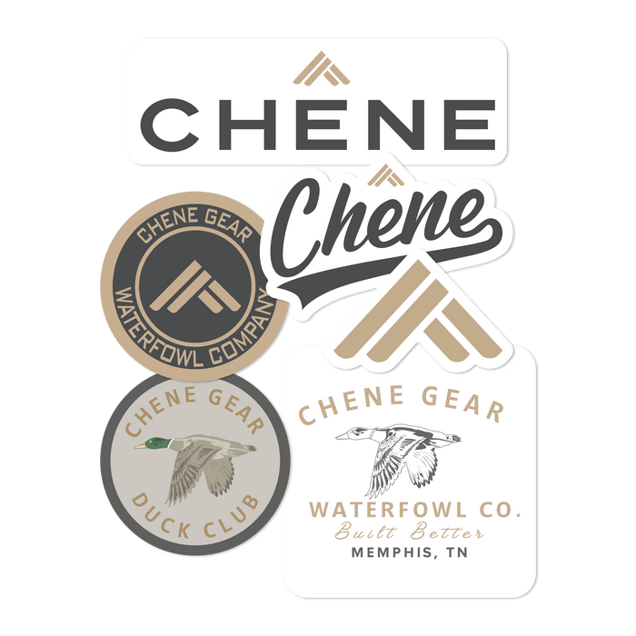 Chêne sticker pack, flat lay of five die-cut logo, seal and mallard vinyl decals
