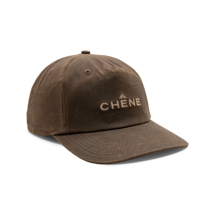 Unstructured 5-Panel Embroidered Waxed Cotton Cap in Buck, front view #buck