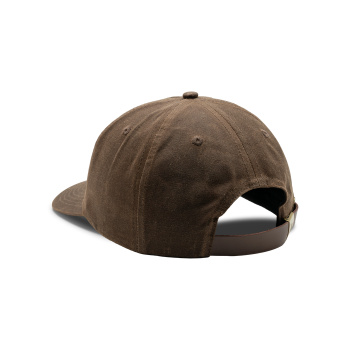 Unstructured 5-Panel Embroidered Waxed Cotton Cap in Buck, back view #buck
