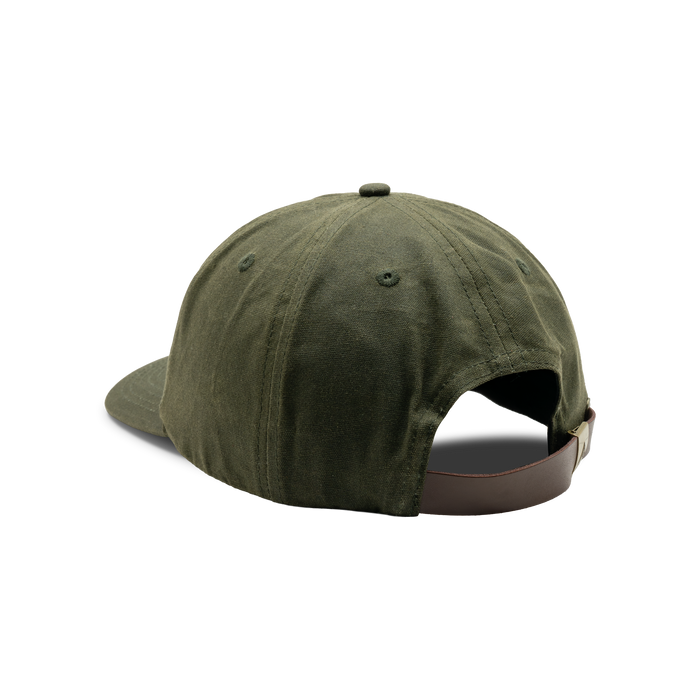Unstructured 5-Panel Embroidered Waxed Cotton Cap in Dark Olive, back view #dark_olive
