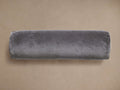 Front view of gray velvet bolster cushion, lying horizontally.