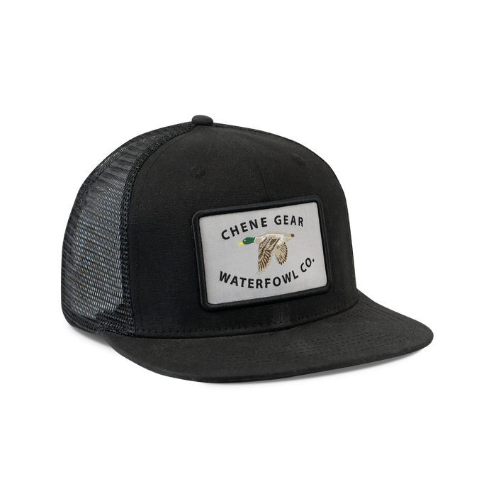 Waterfowl Co. Waxed Mesh Back Cap in Black, front view #black