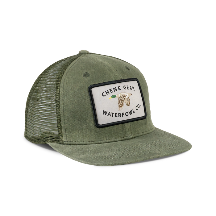 Waterfowl Co. Waxed Mesh Back Cap in Dark Olive, front view #dark_olive