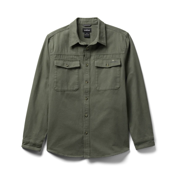 Waterfowler Moleskin Shirt in Moss, flat lay #moss