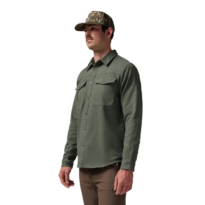 Waterfowler Moleskin Shirt in Moss, on model #moss