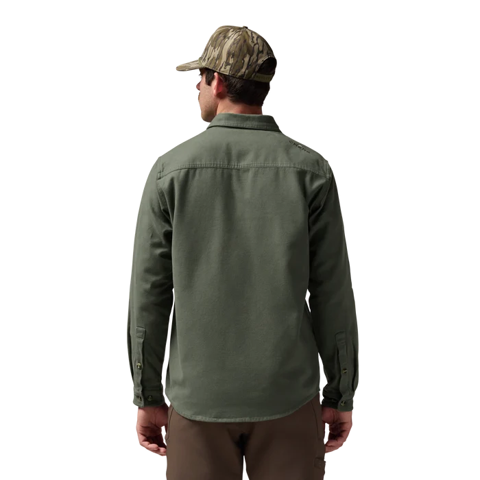Waterfowler Moleskin Shirt in Moss, on model #moss