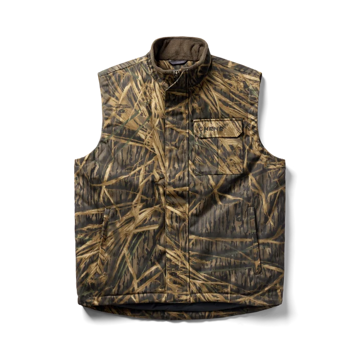 Waxed Canvas Goose Down Vest in Mossy Oak Original Shadow Grass, flat lay #mossy_oak_original_shadow_grass