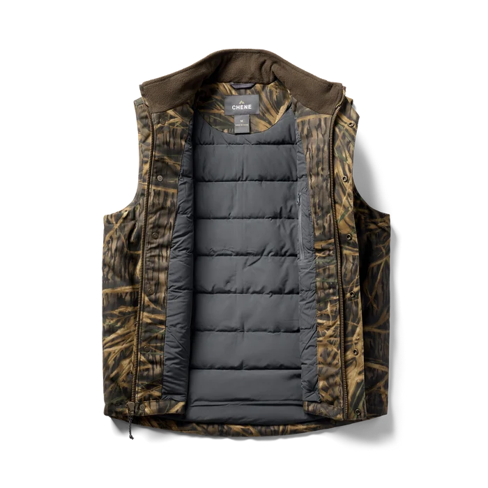 Waxed Canvas Goose Down Vest in Mossy Oak Original Shadow Grass, flat lay #mossy_oak_original_shadow_grass
