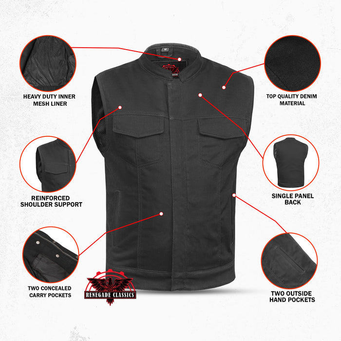Weston Black Men's Denim Motorcycle Vest – Single Panel Back