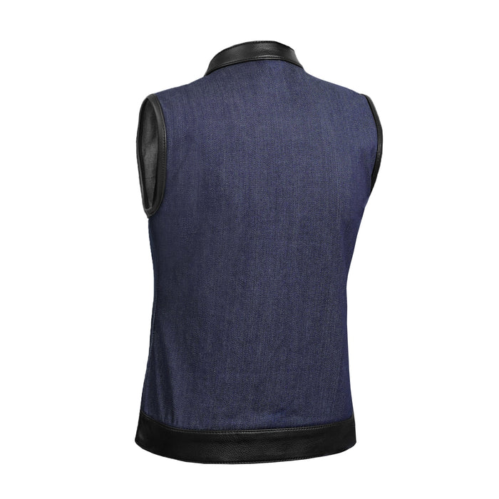 Women's Broken Blue Rough Rub-Off Raw Finish Denim Vest W/Leath