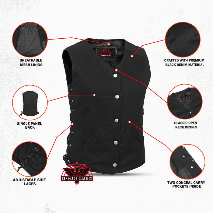 Women's Denim Longer Body ¾ Vest - Side Laces