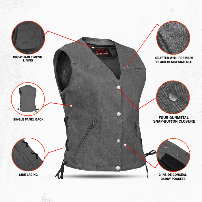 Women's Rough Rub-Off Raw Finish Broken Gray Denim Vest