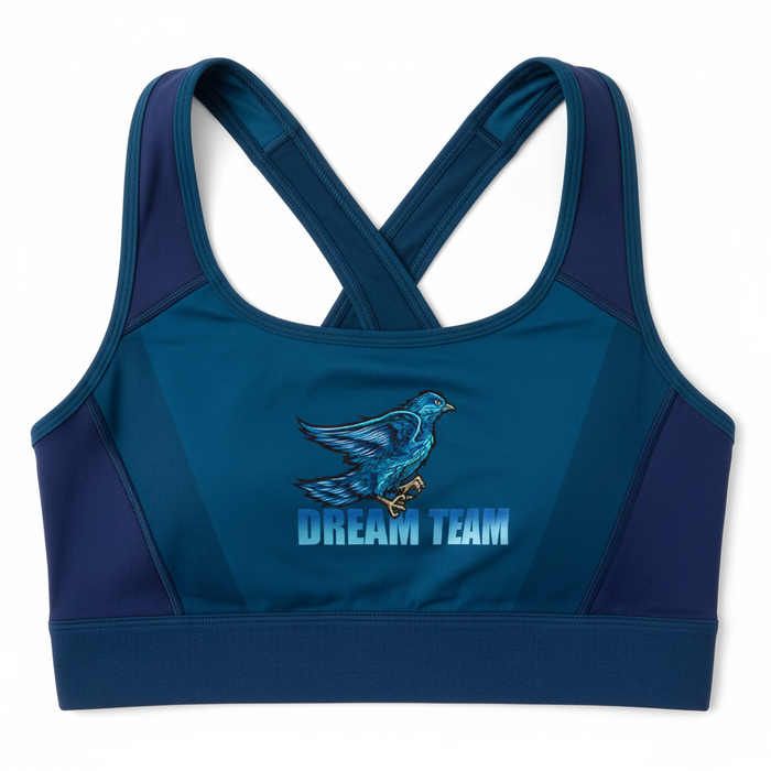 Women's Sports Bra with DreamTeam Logo - flat lay