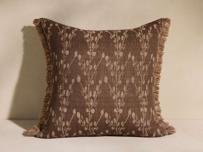 Ynez Botanical Pillow, square, dark brown with light beige botanical pattern & matching fringed edges.