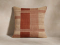 Ynez Check Pillow, square, in a woven silk-wool blend. Features a geometric check pattern with tan and terracotta stripes and blocks.