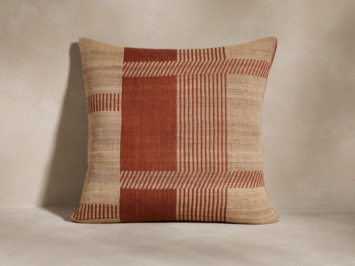 Ynez Check Pillow, square, in a woven silk-wool blend. Features a geometric check pattern with tan and terracotta stripes and blocks.