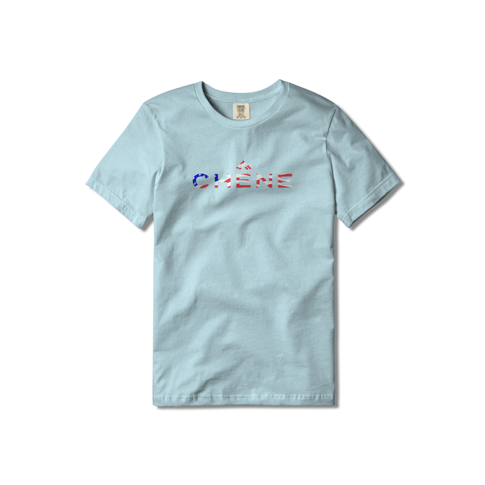 Youth chambray t-shirt with red, white, and blue 'CHENE' logo #chambray